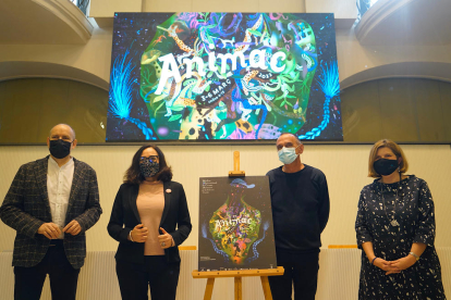 XXVI edición Animac  -  El concejal de Cultura, Jaume Rutllant, la directora de Animac, Carolina López, el alcalde de Lleida, Miquel Pueyo, y la directora del CaixaForum Lleida, Maribel Tost, en la presentación de Animac ayer en la sala Alfred P ...