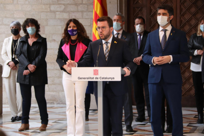 El presidente de la Generalitat, Pere Aragonès, durante la comparecencia posterior a la reunión del Govern para abordar la respuesta al 'Catalangate'.