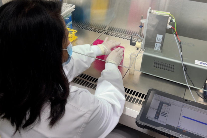 La investigadora Rubaiya Hussain analitzant mostres de saliva amb el dispositiu al Laboratori de Biologia de l'ICFO.