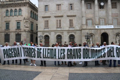 Pagesos de Lleida aixecant una pancarta en defensa de la pagesia davant de la Generalitat de Catalunya