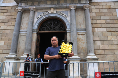 Un pagès mostrant la caixa de pomes que oferirà al president de la Generalitat davant de la Generalitat