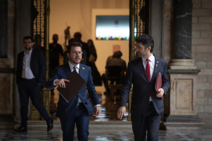 El cap de l’Executiu, Pere Aragonès, ahir al costat del vicepresident, Jordi Puigneró.