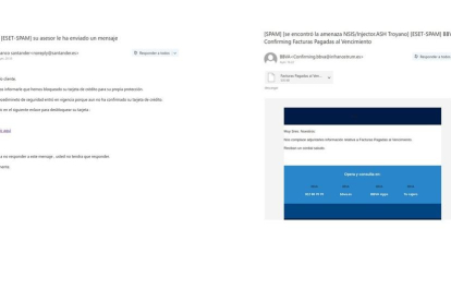 Capturas de pantalla de los emails fraudulentos que tratan de suplantar a Banco Santander y BBVA, identificados por Eset.