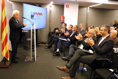 El director de la Fundació Joan Oró, Joan Oró Trilla, en la presentació de l'Any Oró a la Delegació del Govern a Lleida.