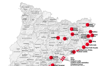El mapa que refleja la presunta ausencia de festivales de música en toda la demarcación de Lleida.