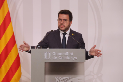 El presidente del Govern, Pere Aragonès, durante la rueda de prensa en Palau.