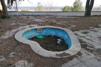 Restos de vegetación seca y desperdicios en la piscina infantil.