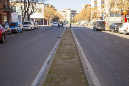 Mediana sin árboles en la calle Baró de Maials en Balàfia.