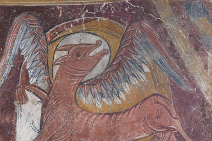 Fragmento de una pintura que decoraba el intradós de la ventana central del ábside de la iglesia de Sant Llorenç de Isavarre, en Sorpe. 