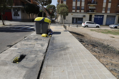 Restos de los contenedores quemados y árboles dañados ayer en la calle Hostal de La Bordeta. 