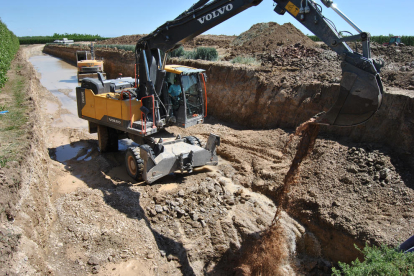 Perforaciones en la zona regable del Principal -  La imagen muestra uno de los pozos que se perforan en la zona regable del canal principal. Tiene unos seis metros de profundidad y garantiza, de momento, poder regar los frutales durante toda la cam ...