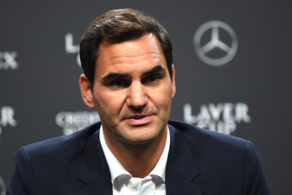 El suizo Roger Federer durante su rueda de prensa en Londres, este miércoles, con motivo de su presencia en la Laver Cup, que será su último torneo.