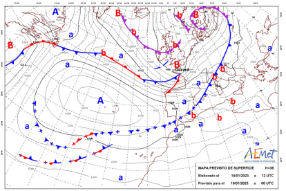 Mapa de l'Aemet amb el front fred provocat per l'arribada de 'Gerard'