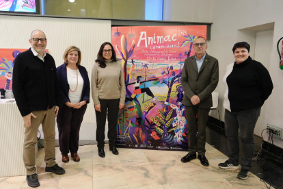 La directora de Animac y responsables de Paeria, IEI y CaixaForum, ayer en la presentación del evento.