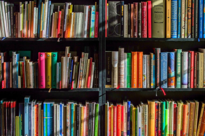 Libros en una biblioteca.