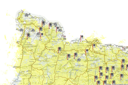 Mapa de cobertura en el Pirineo, en blanco las zonas sin señal.