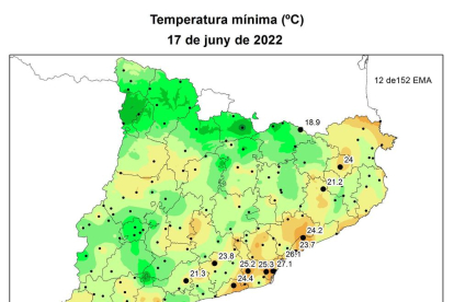 Mapa de temperatura mínima del 17 de juny.
