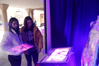Dos alumnes de l'Escola Ondara de Tàrrega observant una de les creacions ubicades en un aparador buit de la ciutat.