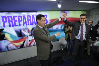 El líder del PP, Alberto Núñez Feijóo, celebró ayer la victoria de Juanma Moreno en Andalucía.