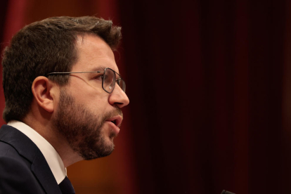 El president de la Generalitat, Pere Aragonès, durant la seua intervenció ahir en el debat de política general al Parlament.