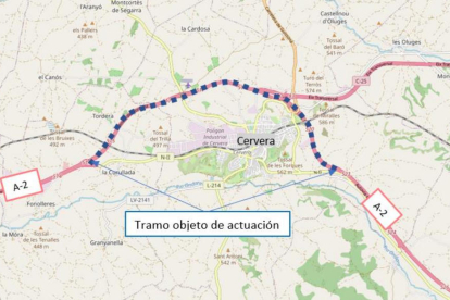 Plano con el tramo de la autovía A-2 de la circunvalación de Cervera donde el Ministerio de Transportes mejorará el firme.