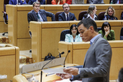 Alberto Núñez Feijóo observa Pedro Sánchez durant un debat al Senat el 18 d’octubre.