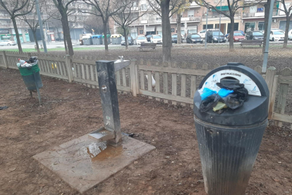 Una papelera para heces de perro llena hasta los topes y restos de botellón en una basura, ayer. 