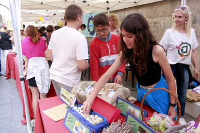 Una alumna arregla els productes que el seu centre educatiu ven al Mercat del projecte Petits Empresaris de Ponent de Lleida