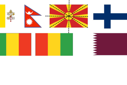Bandera quadrada del Vaticà, bandera de triangles juxtaposats del Nepal, bandera amb quatre eixos de simetria de Macedònia, bandera àuria de Finlàndia, banderes de Mali i Guinea amb els mateixos colors però en diferent posició, i bandera 11:28 de Qatar.