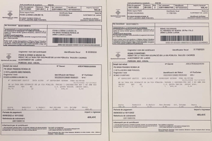 Esta foto muestra cómo la Paeria facturó la misma tasa a la antigua titular (izquierda) y a los actuales.