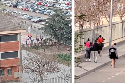 Fotografías de usuarios del gimnasio entrando y haciendo ejercicio en el patio del Frederic Godàs.