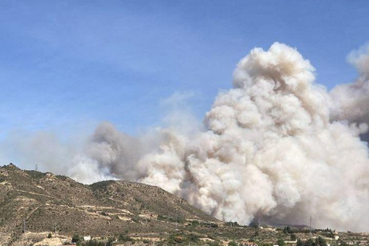 Bombers de la Generalitat i de l'Aragó treballen en un incendi entre Mequinensa i la Granja d'Escarp