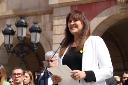 La presidenta del Parlament suspesa, Laura Borràs, durant la seva compareixença just després de ser condemnada per prevaricació i falsedat documental.