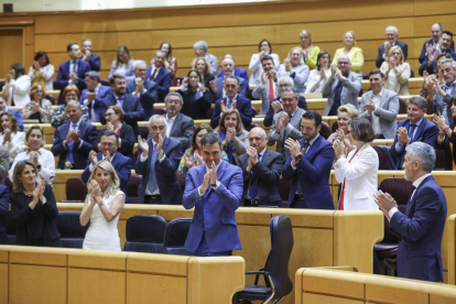 Pedro Sánchez aplaudeix durant el ple del Senat celebrat ahir.