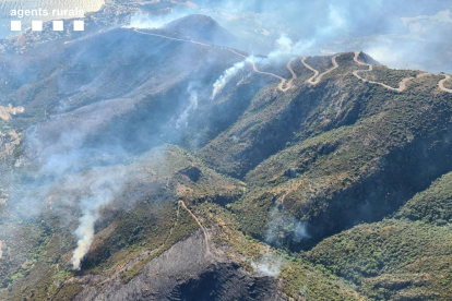 Vista general de l’incendi de Llançà des de l’aire, on s’observen les diferents zones afectades per les flames.