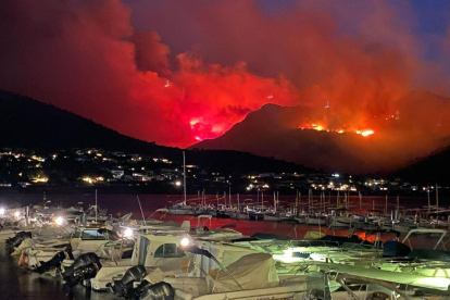 Vista general del incendio de Llançà desde el aire donde se observan las distintas zonas afectadas por las llamas.