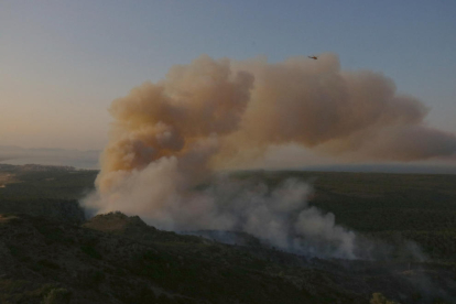 Un helicòpter sobrevolant ahir la zona del massís del Montgrí afectada per l’incendi.