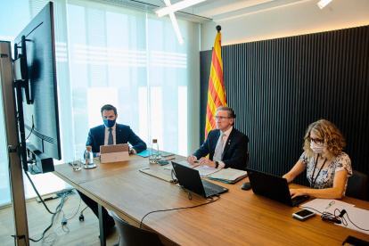 El conseller Jaume Giró, ahir durant la reunió telemàtica del Consell de Política Fiscal i Financera.