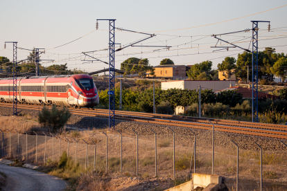 Pas d’un tren Iryo pel bypass que discorre per l’Horta de Lleida a prop de diverses cases.
