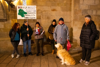 Concentració ahir d’entitats animalistes lleidatanes a la plaça Paeria de Lleida.