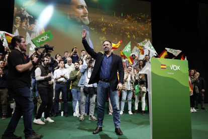 Santiago Abascal ahir en l’assemblea general de Vox a Madrid.