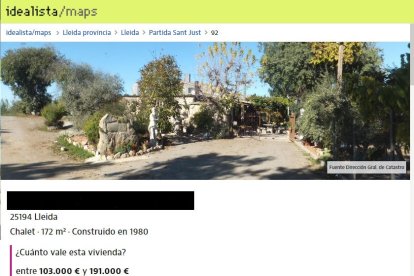 Captura de pantalla de dos cases de l’Horta (amb la direcció tapada) que no estan en venda a Idealista amb fotos, dades i preu aproximat.