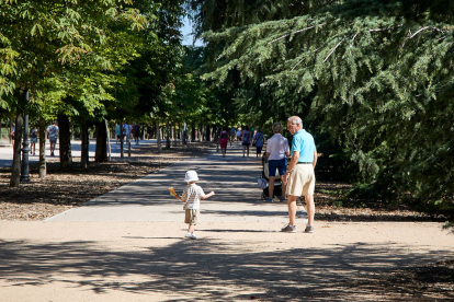 Vista d’un nen passejant amb el seu avi per un parc.