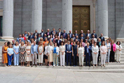 El grup socialista es fotografia davant la Porta dels Lleons del Congrés per celebrar la llei.