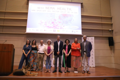 Impulsors de Nema Health SL, ahir en l’acte de presentació al Rectorat de la UdL.