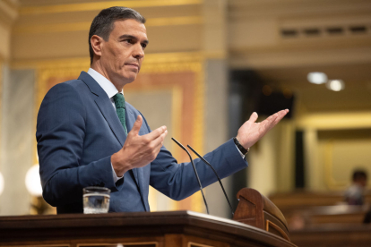 Pedro Sánchez, durant la seua intervenció ahir al Congrés dels Diputats.