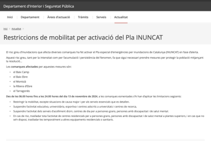 La Generalitat ha alertado de las restricciones en la mobilidad para este miércoles a través de su página web.