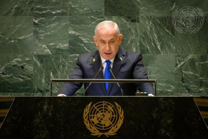 El primer ministre israelià, Benjamin Netanyahu, durant el seu discurs davant l'assemblea general de l'ONU