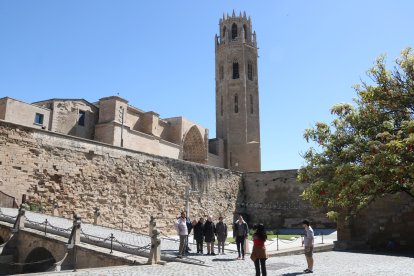 Un grup de persones es fa una fotografia amb la Seu Vella al fons