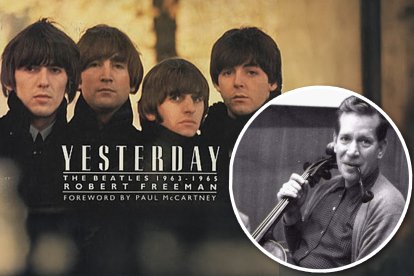 Caràtula del disc de The Beatles que incloïa el tema ‘Yesterday’. Al costat, Francesc Gabarró amb la seua inseparable pipa i, per descomptat, el seu violoncel.